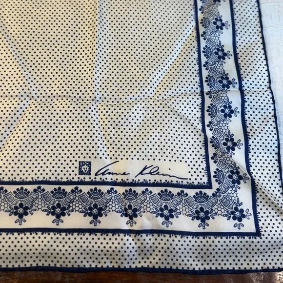 Vintage Anne Klein Silk Scarf Navy Blue Polka Dot Floral Lace Border 26" Square - Picture 6 of 14
